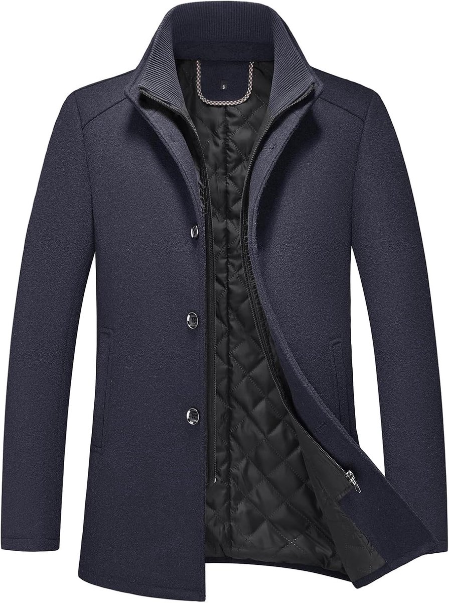 Wintermantel voor heren, wol, middellang, wollen mantel met opstaande kraag, slim fit, voor business, vrije tijd, peacoat, casual