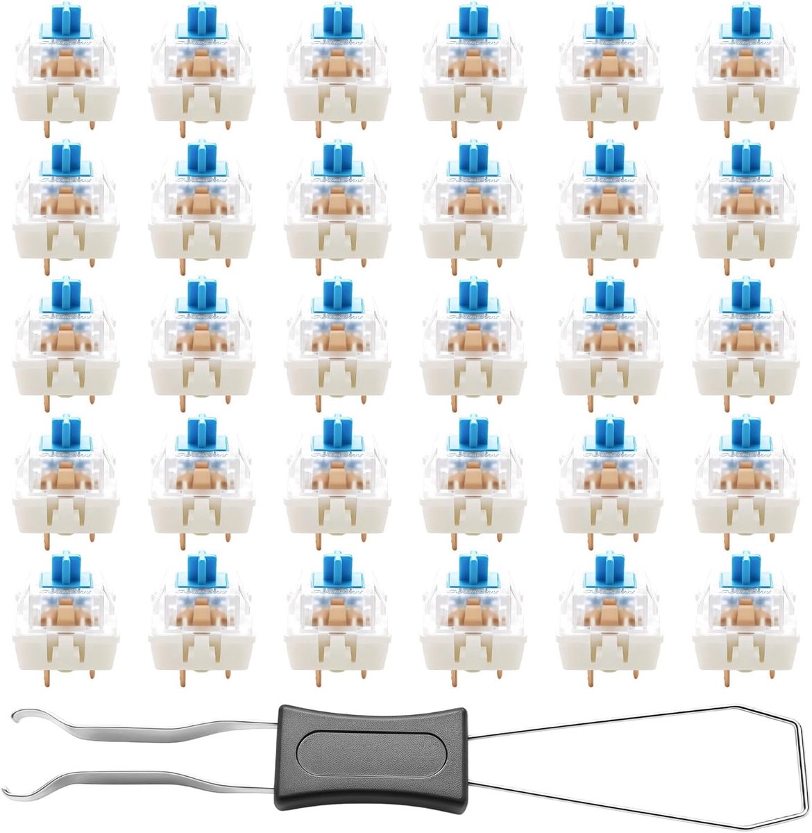 20 stuks blauwe mechanische toetsenbordschakelaars met trekker, klicky tactiele schakelaarset voor gaming en typing, inclusief keycaps en vervangingstools, eenvoudige doe-het-zelf installatie