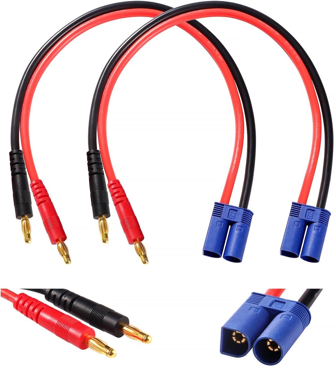 2 Stuks EC5 naar 4.0 Bananenstekker RC Batterij Oplaadkabel, EC5 Connector naar 4.0mm Bananenstekker met 30cm 12AWG Siliconen Kabel, voor RC Helikopter Quadcopter Lipo Batterijen