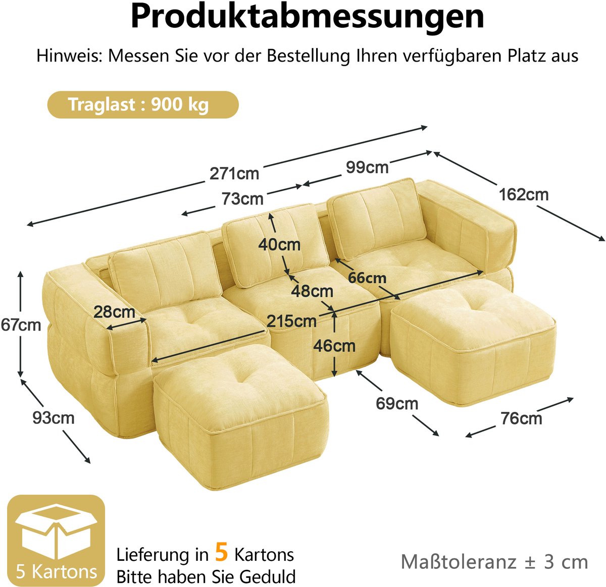 MIVRAY U Bank 271 X 162 X 67 Cm - 3 Zits Modulair Met 2 Hockers En Zonder Montage - Voor Woonkamer - Polyester - Geel