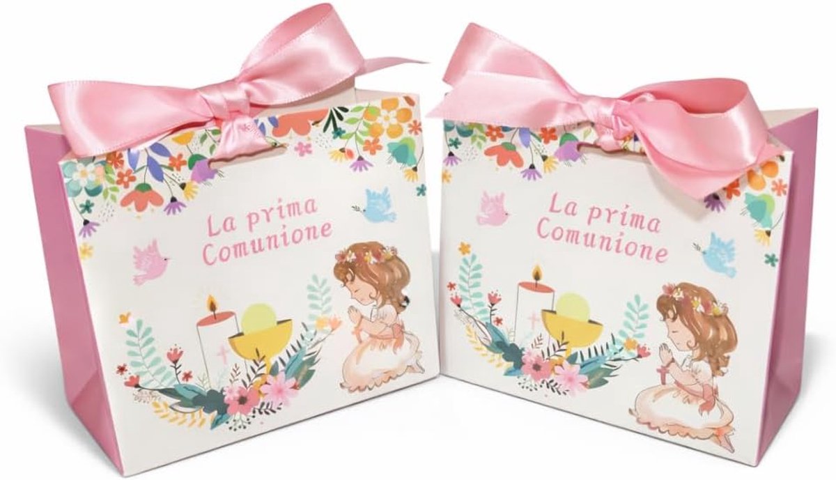 100 stuks snoepdoosjes voor de eerste communie, gastgeschenken, plaatskaarten, inclusief lint (roze)