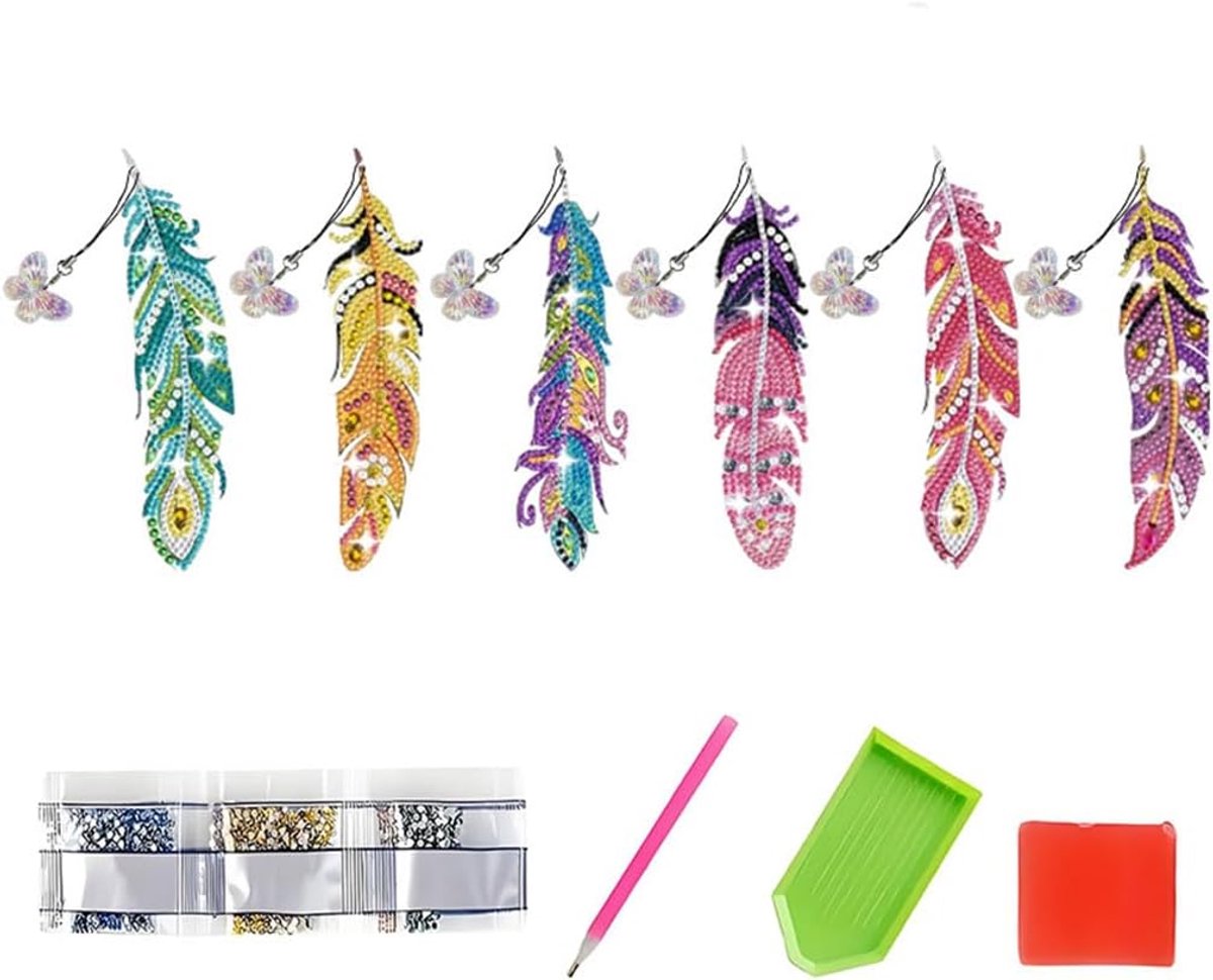 6 stuks Diamond Painting bladwijzenset, veer, bladwijzers, knutselen met kristallen hanger, strass-steentjes, kunsthandwerk, boekmarkering, knutselset voor volwassenen, cadeau-idee, Kerstmis