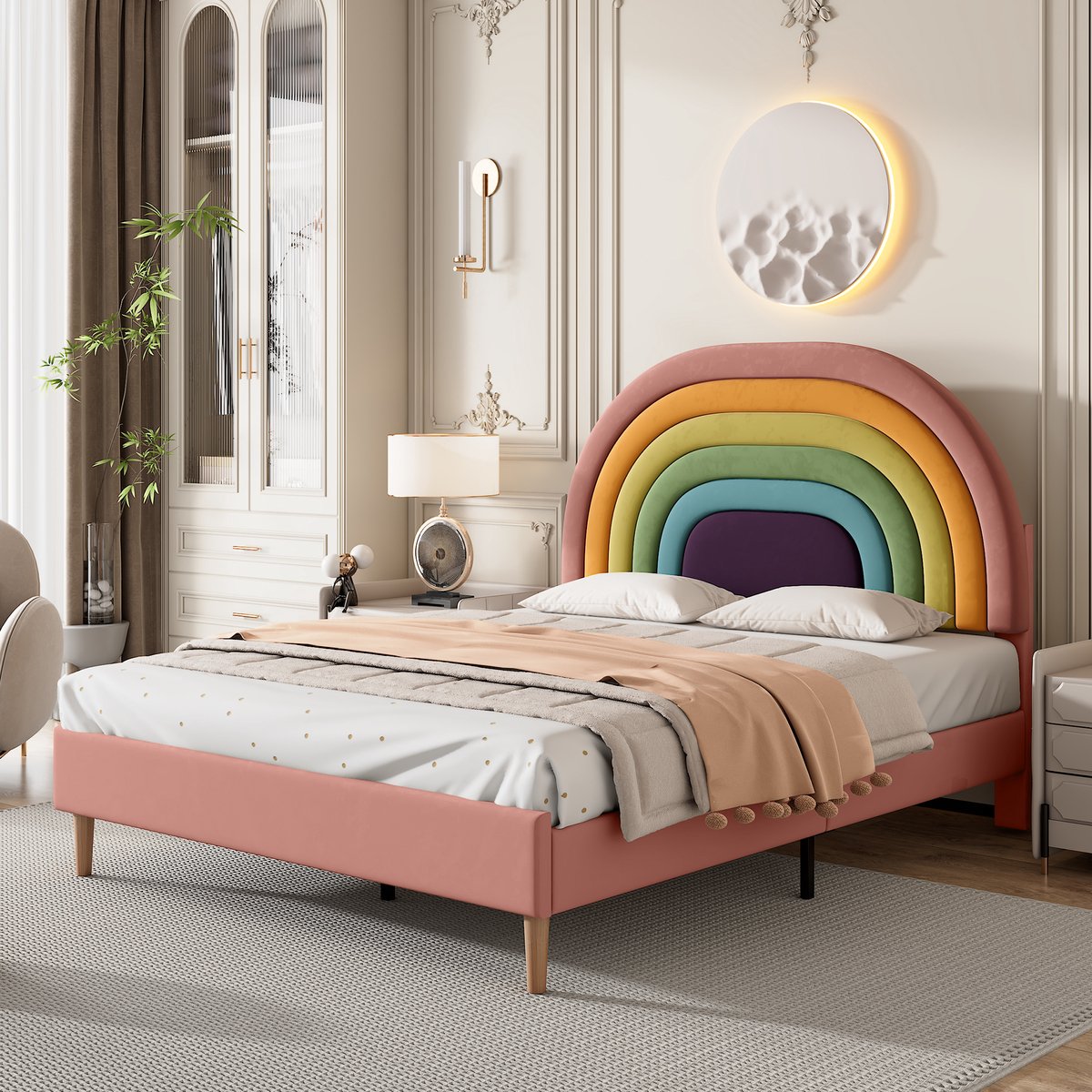 Gestoffeerd bedframe - voor matras 140 x 200 cm - roze - met lattenbodem - matras niet inbegrepen - voor de slaapkamer - dagelijks gebruik