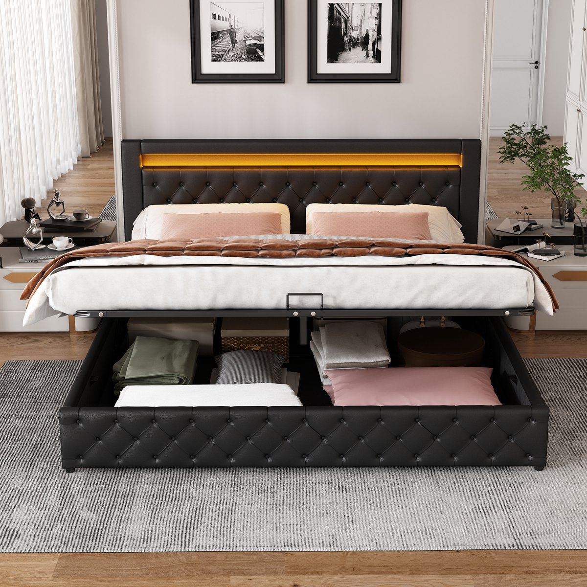 Gestoffeerd bedframe - voor matras 180 x 200 cm - zwart - met LED-verlichting en opbergruimte en lattenbodem - voor de slaapkamer