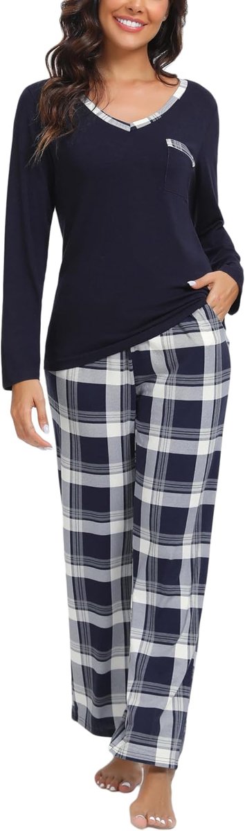 Pyjama met lange mouwen voor dames - V-hals pyjama's + geruite broek, zachte loungewear, nachtkleding voor lente en herfst