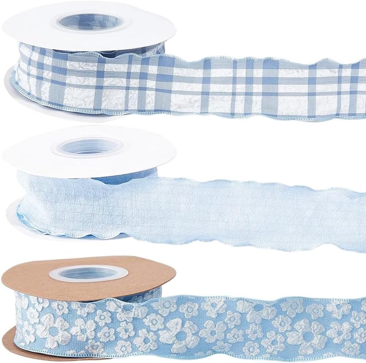 3 rollen 3 stijlen 27 m blauw gerimpeld lint geplooid geruit geruit randje chiffon gingham gerimpelde stof rand dubbele gerimpelde linten voor naaien knutselen cadeauverpakking decoratie DIY