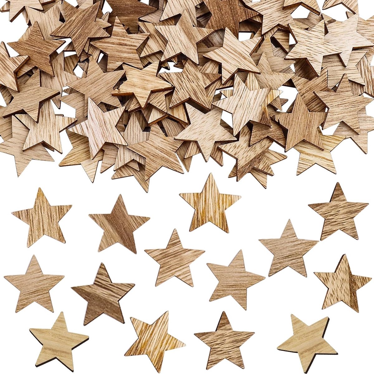 100 stuks strooidecoratie, houten sterren, decoratie (houtkleur, 30 mm)