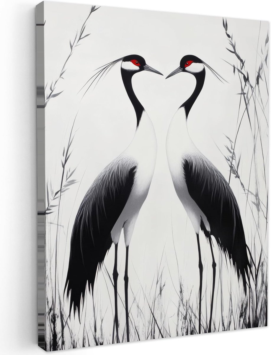 60x80 cm Tuinposter Tuin Tuinposters Voor Buiten Decoratie Tuindecoratie Garden Outdoor Balkon Poster Terras Posters Kraanvogels - Gras - Hartvorm - Zwart