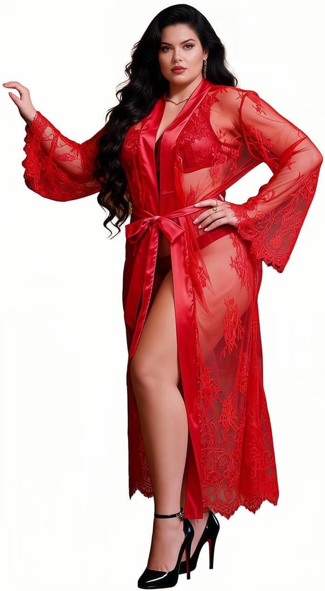Ohyeahlady Vrouwen Plus Size Lingerie Sets Zachte Kant Lange Gewaad Sexy Badjas met G-srtring UK 8-22