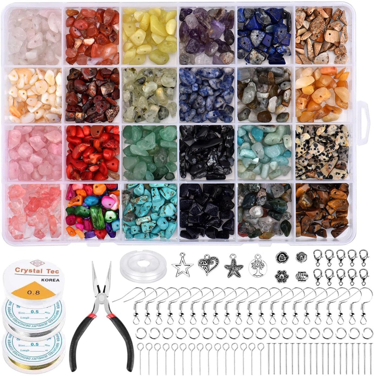 Natuurlijke edelsteen, knutselen, sieraden, onregelmatige edelsteen-chips, parels, sieradenproductieset met sieradendraad, bedelhangers, sieradendraad, armband, productiegereedschap (combinatie