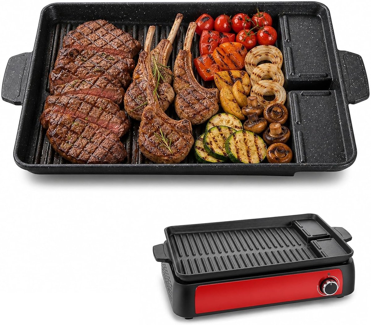 Grillplaat, rechthoekige grillpan, grillplaat met grillgroeven, grillopzetstuk voor gasfornuis, grillpan, anti-aanbaklaag voor campingfornuis, voor inductie, gas, keramiek