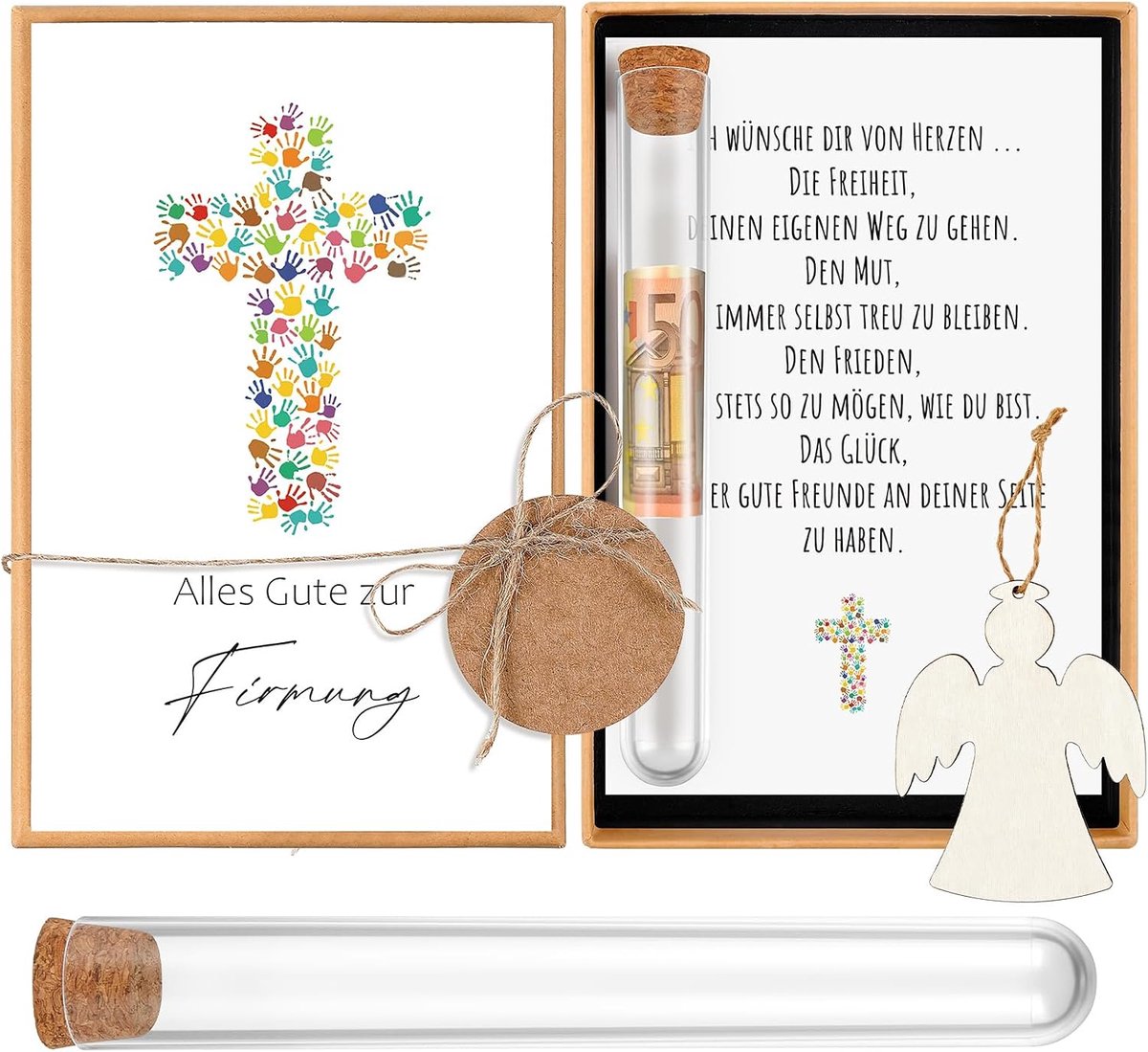 Geldschenken voor confirmation, cadeau voor meisjes en jongens, met reageerbuis engel van hout, kaart, geldverpakking voor graadcheques (kruis)