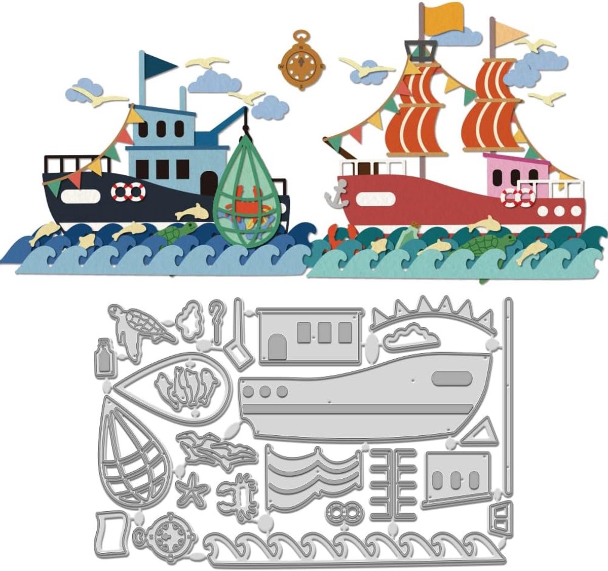 Zeilschip Snijden Dies Cut Stencils, Oceaan Schip Kompas Metalen Snijmallen voor DIY Scrapbooking Maken Marine Life Album Decoratieve Embossing Papier Matrijzen voor Kaarten Maken Sjabloon