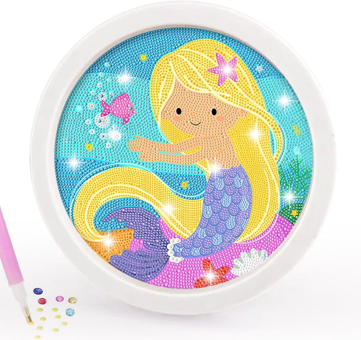 Diamond Painting Kits met Frame, CAYUDEN 5D Zeemeermin Diamant Schilderij Kit voor Kinderen met Houten Frame 17cm Kids Gem Art Volledige Boor Diamanten Kunst en Ambacht voor Kinderen voor 6 8 10 12