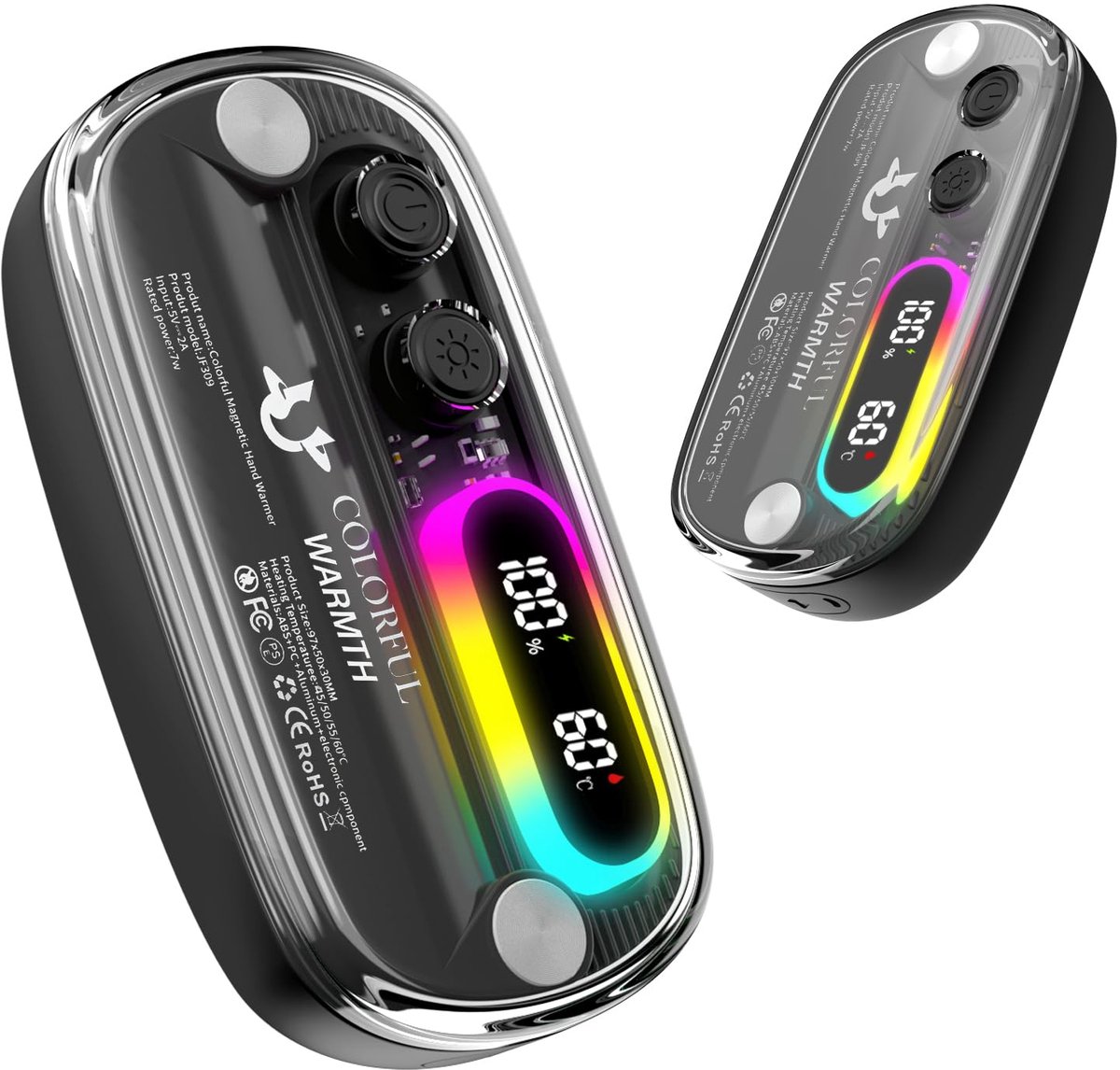 Namajunas - Elektrische hand warmer - 4 standen temperatuur regeling - Toont temperatuur en batterij percentage - Met RGB verlichting - Langdurige warmte - De perfecte winter musthave - Magnetisch handwarmer voor in de zak - Draagbare - Mini