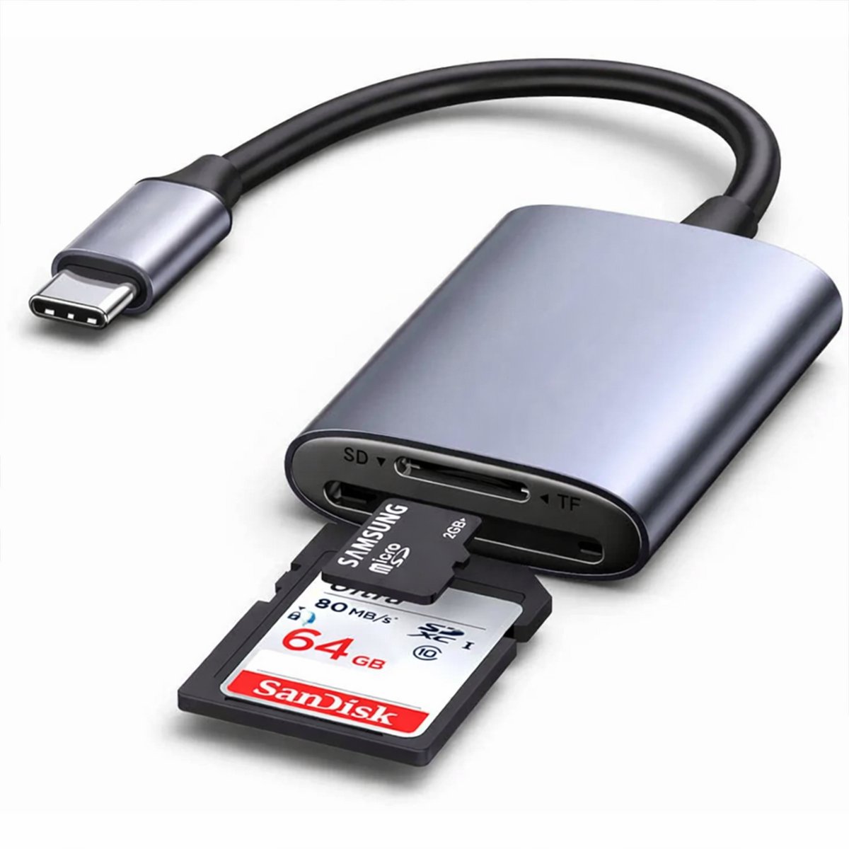 Qost - SD Kaart lezer - 2 in 1 - USB-C - SD / Micro SD - Kaartlezer Space Gray - Geheugenkaartlezer - Micro SD kaartlezer