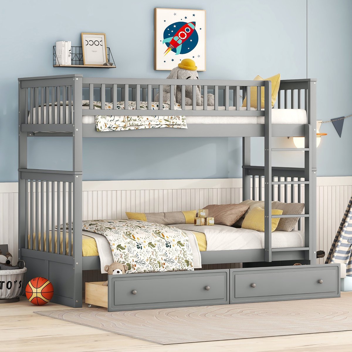 Kinderbed - voor matras 90 x 200 cm - grijs - met opbergruimte en lattenbodem - matras niet inbegrepen - voor de slaapkamer