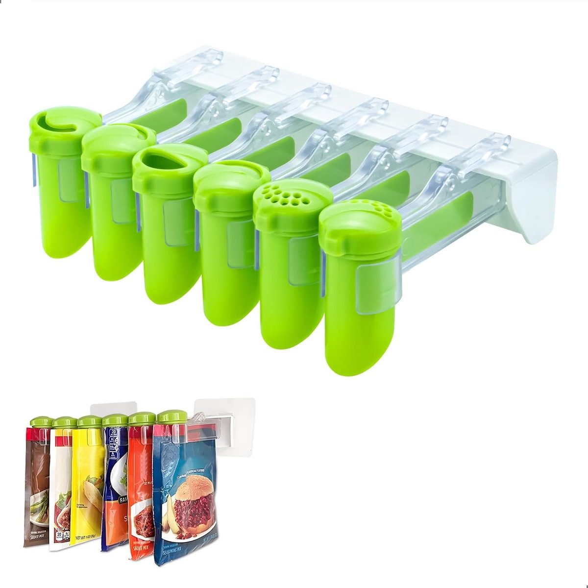 Allecta - Kruidenrek voor wandmontage met afdichtclip - Opbergzak voor kruiden - Organizer voor keukenkast - Groen - 15 stuks