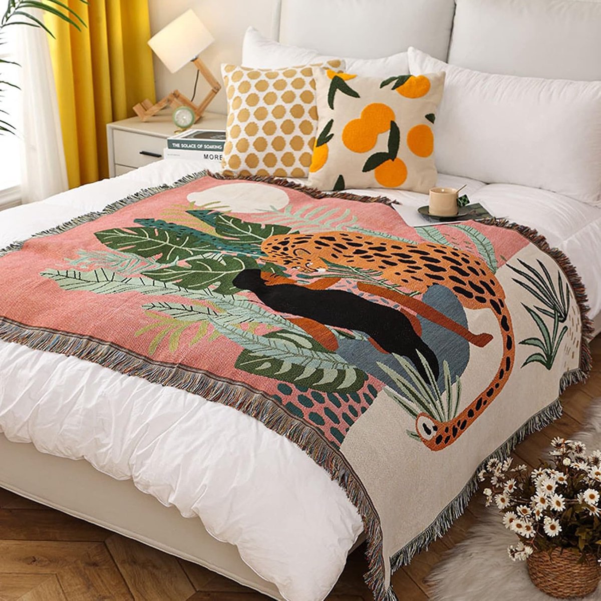 Claoner Boheemse deken - Dubbelzijdig katoen - 160x130cm - Jungle print - Voor bank bed fauteuil camping - Tafelkleed tapijt