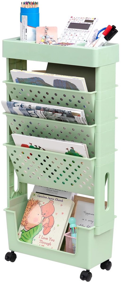 Omgoods - Mobiele Boekenkast met Wielen, 5 Laags, Groen