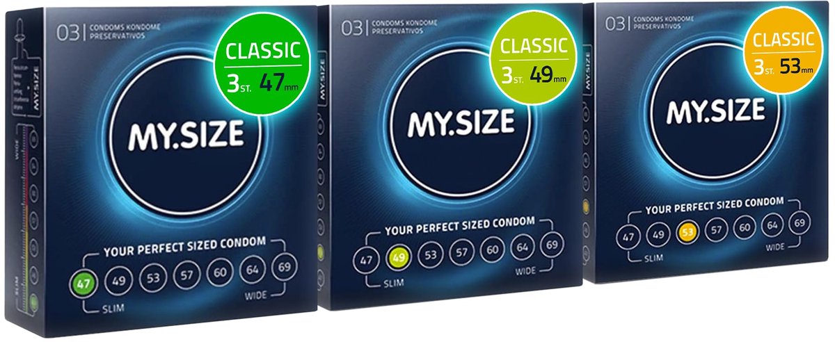 MY.SIZE Classic condooms 3-delig proefverpakking I 47, 49, 53 mm breed I 3x3 stuks premium condooms extra dun I condooms true to touch gossamer I dunne 0,07 mm wanddikte I condooms veganistisch