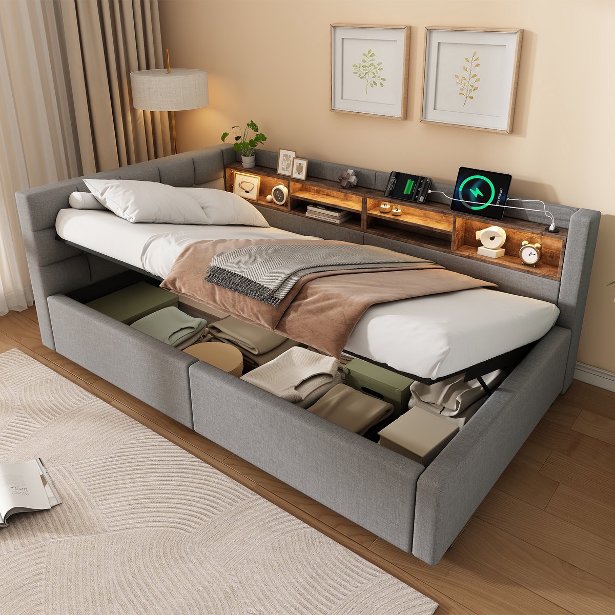 Slaapbank 90x200 cm - met opbergruimte - met dimbare LED-verlichting - met boekenplank - met USB-aansluiting - grijs - zonder matras