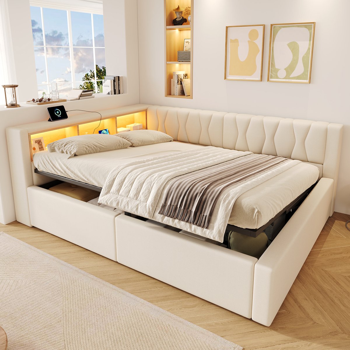 Slaapbank 140x200 cm - met opbergruimte - LED-verlichting - boekenplank - USB-poort - beige - zonder matras