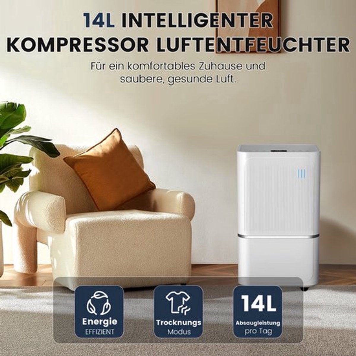 Ontvochtiger – Luchtontvochtiger – Vochtvreter – Vochtverwijderaar – Vochtabsorber – 14 Liter Capaciteit – Slimme App Bediening