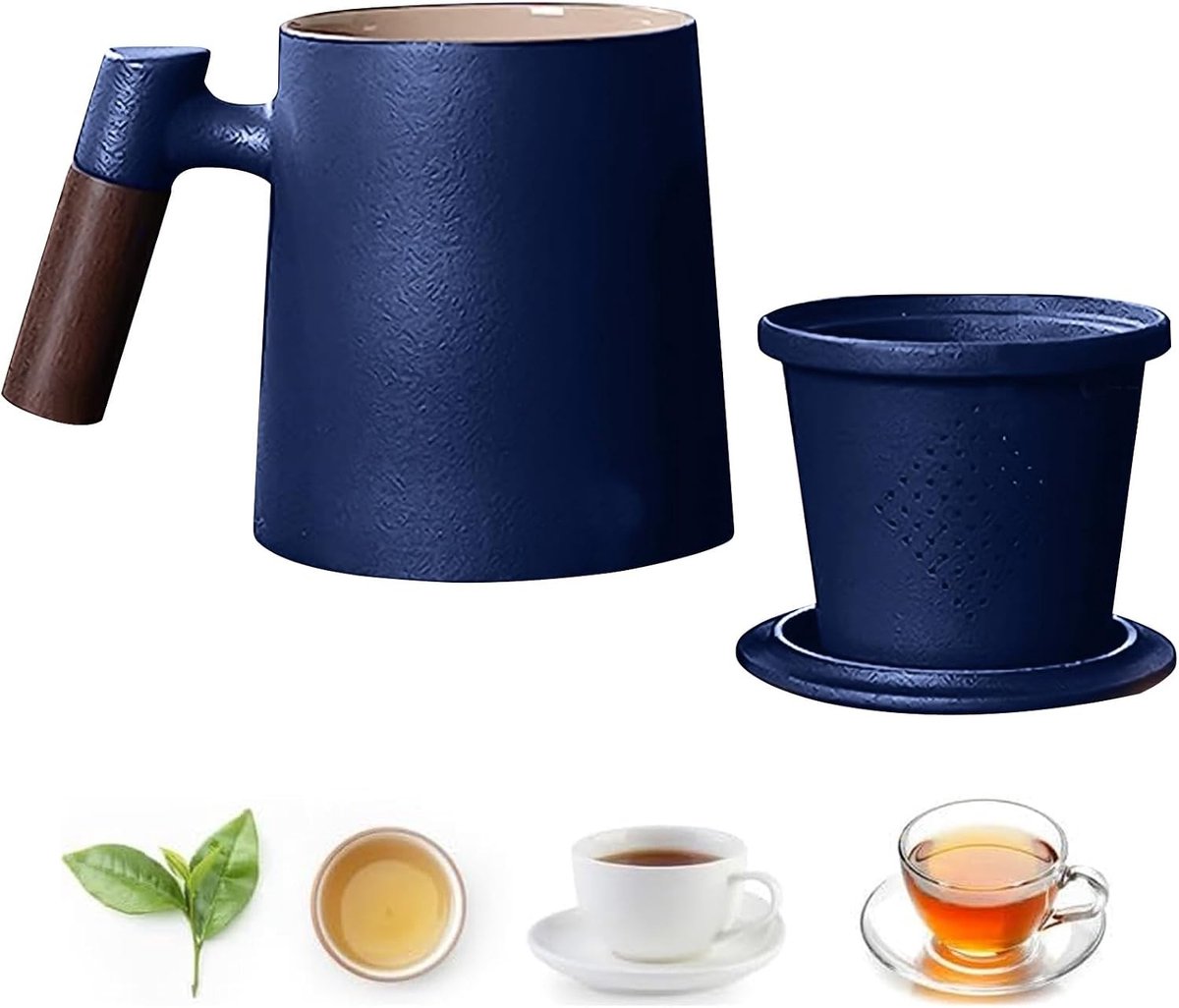 Ceramische Theekop met Deksel en Zeef, 400ml, Houten Handvat, Japanse Theekop voor Losse Thee, Perfecte Cadeau voor Theeliefhebbers, Blauw