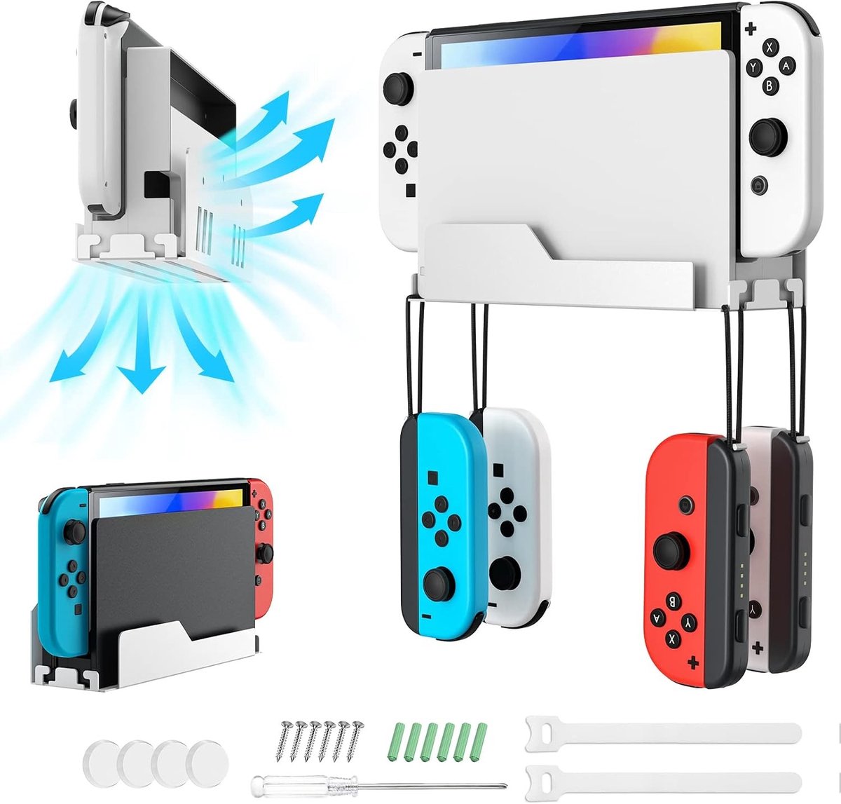 Wandmontage voor Nintendo Switch en Switch OLED, metalen muurbeugel met 4 Joy-Con haken, optimale luchtstroom en snelle warmteafvoer voor veilige opslag dichtbij of achter je TV, wit