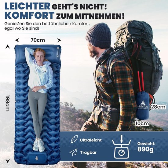 Zelfopblazende slaapmat - Luchtbed kamperen - Outdoor slapen - Geïntegreerde voetpomp - 10 cm dik - Donkerblauw — afbeelding 2