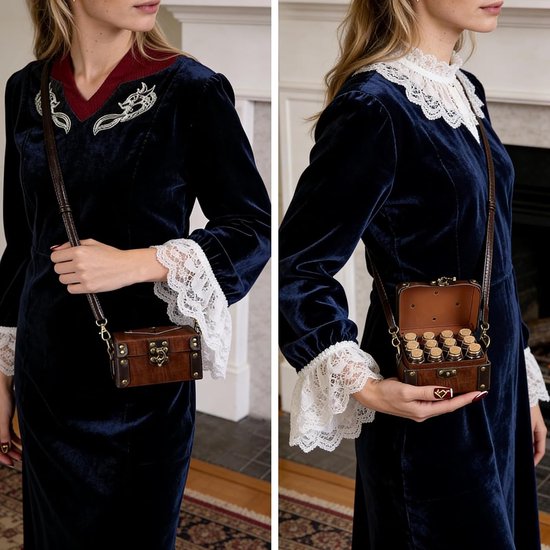 Alchemistenkist van kunstleer met 12 kurk elixerflesjes en verstelbare schoudertas, fantasie sieradendoos voor DnD LARP renaissance festivals cosplay-evenementen, 14×11×8 cm — afbeelding 4