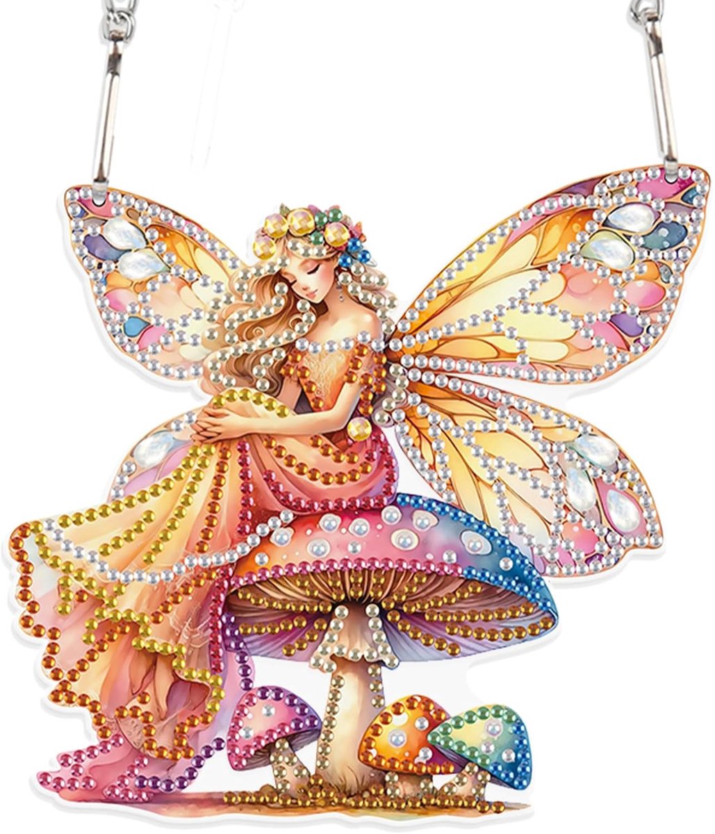 5D Diamond Painting Fee Vlinder Hanger, Paddestoel Diamant Schilderij Zonnevanger, Gedeeltelijk Diamant Schilderij Zonnevanger Kristallen Ornament, Hangende Decoratie voor Raam Tuin