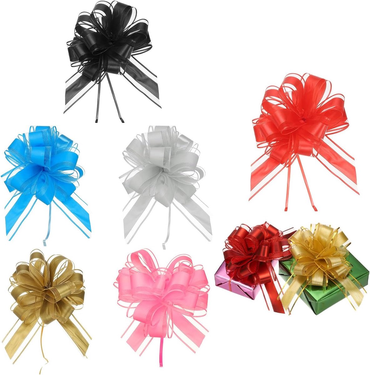 6 stuks grote trekstrik, geschenkverpakking, 22,5 cm lint organza zwart/goud/zilver/roze/rood/hemelsblauwe strikken voor geschenkverpakking, bruiloftsmanden auto