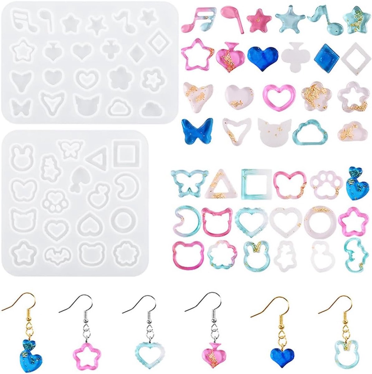 2 stuks sieraden epoxyhars vormen hanger halsketting oorbellen siliconen vormen hart rond ster muziek noten sieraden gietvorm kristal gietvorm voor doe-het-zelf knutselen