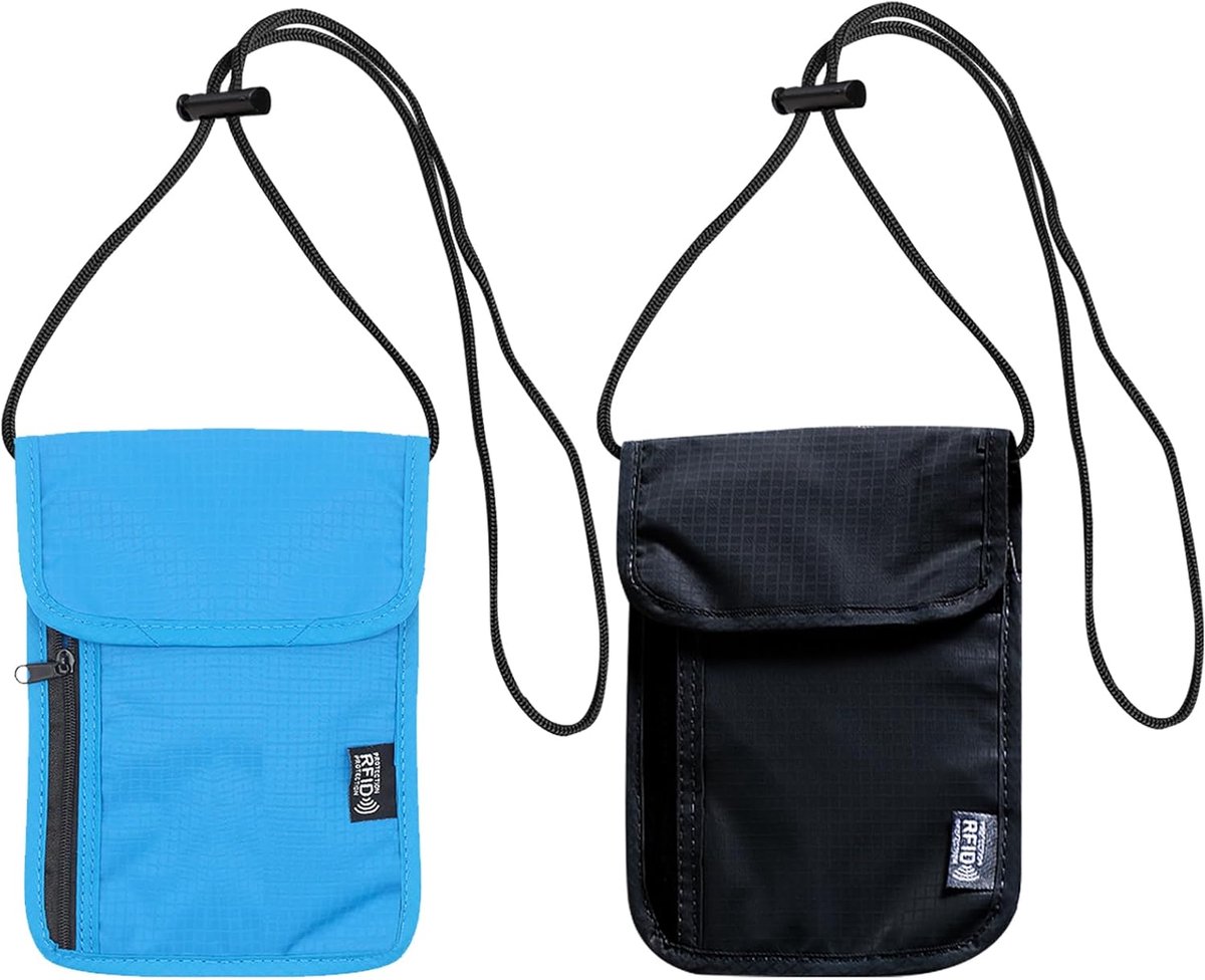 2 stuks reishalsband, praktische nektasje voor georganiseerde reizen, elegant en praktisch, anti-diefstal rfid-blokkering, waterdichte paspoorttas, nektas, zwart/blauw