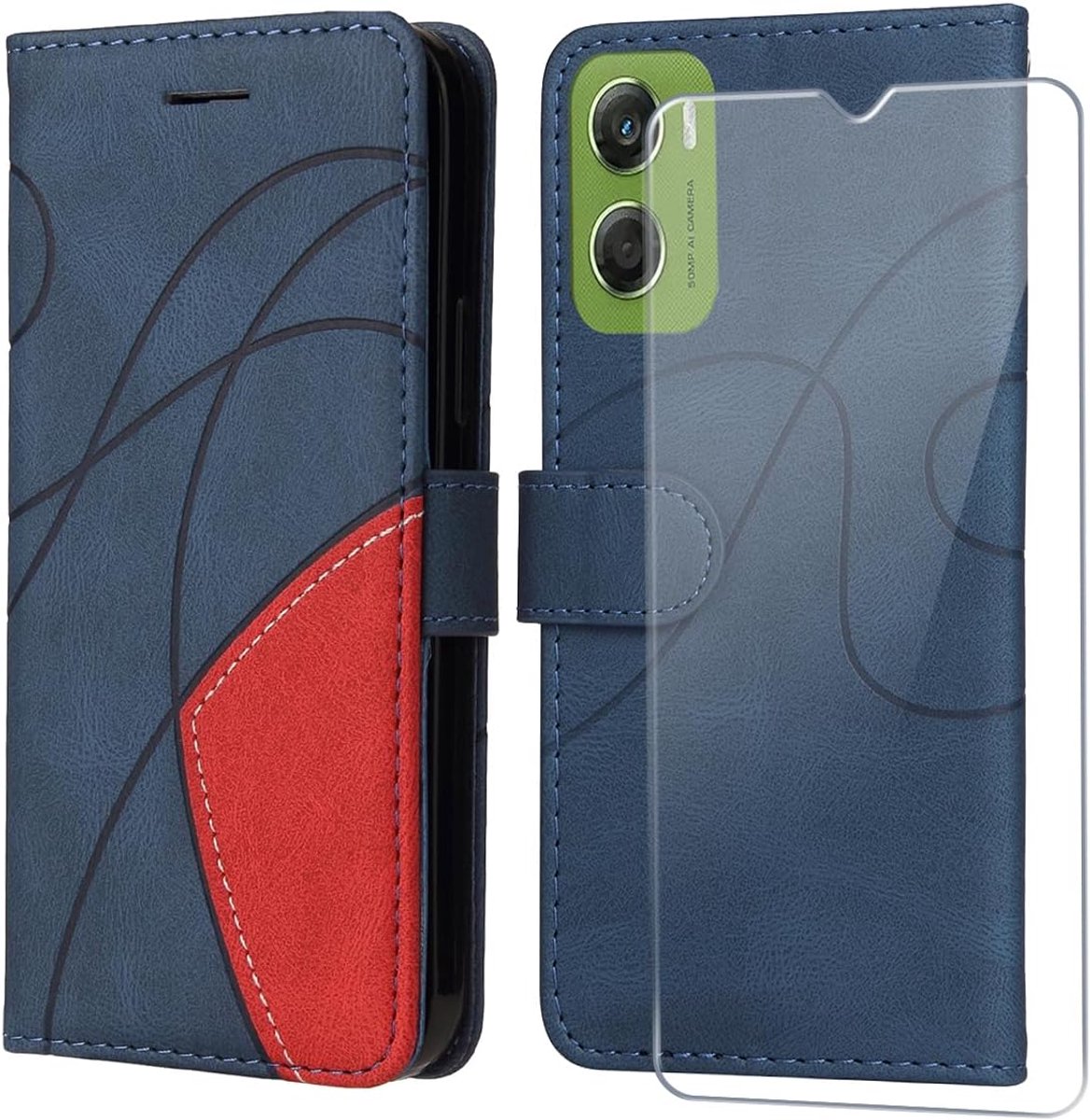 Telefoonhoesje voor de Motorola Moto G06 5G, leren telefoonhoes met displaybeschermfolie, met kaartsleuven en magneetsluiting, PU-leren klaphoes, portemonneehoes, blauw