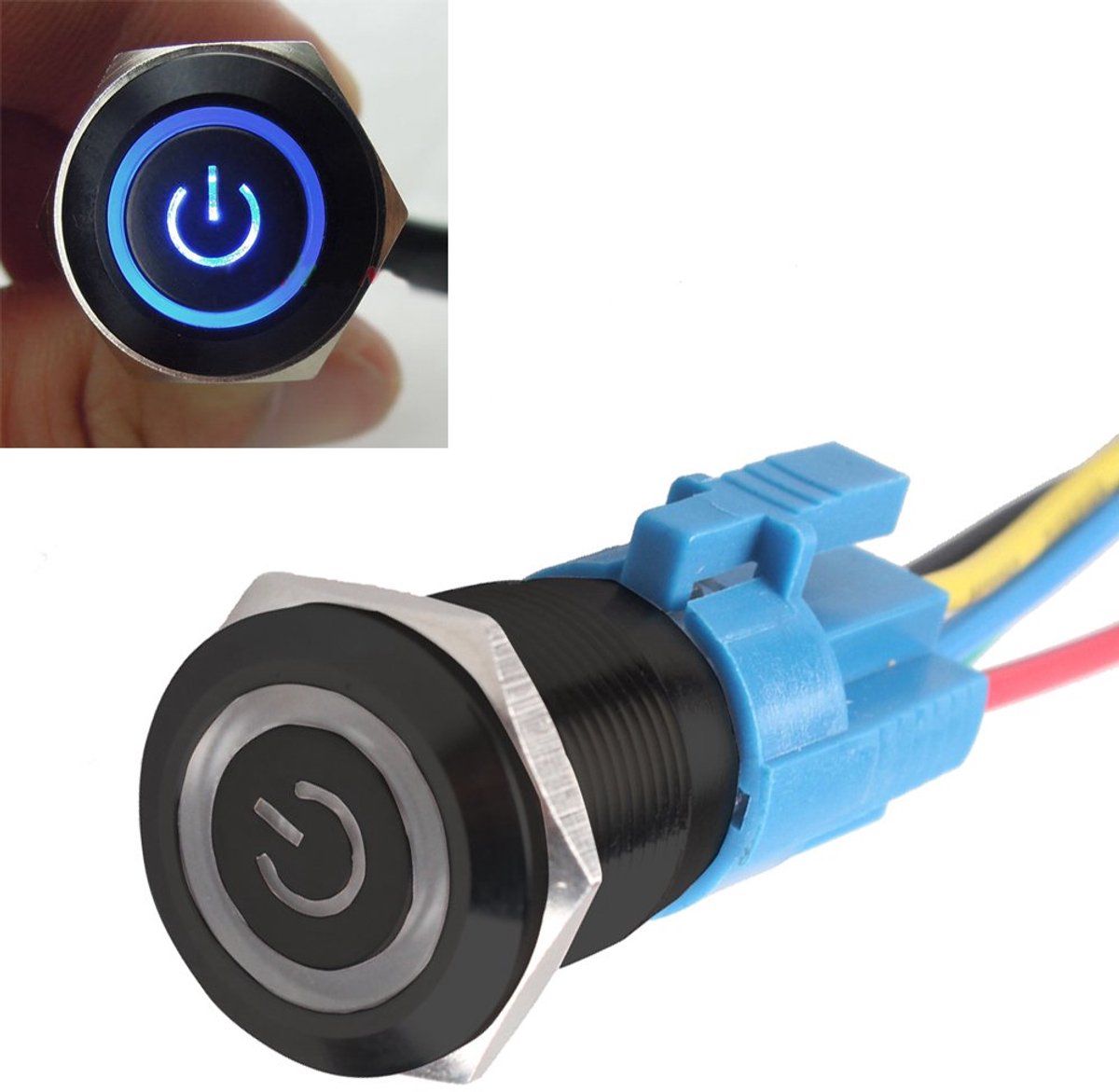 Support Zwart Geval Auto Vrachtwagen Tuimelschakelaar Drukknop Schakelaar Wipschakelaar 19mm 12V 5A Blauw LED Licht Waterbestendig Metalen bus Stekker Draad