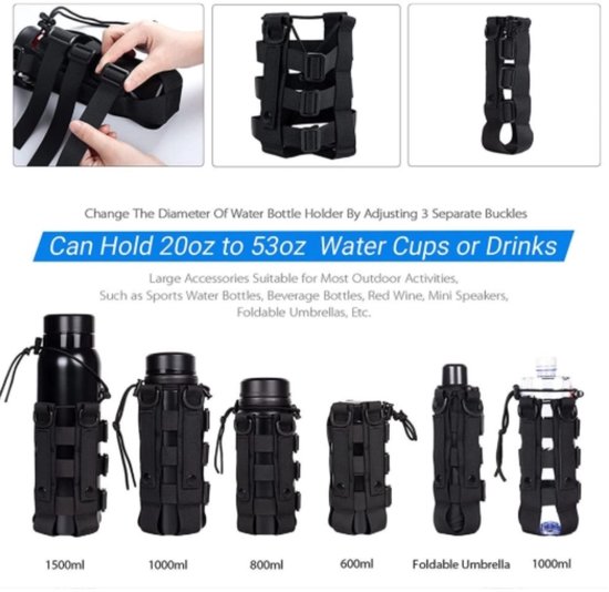 Tactische waterfles pouch - Fleshouder - met Riemclip en trekkoord - Verstelbare Schouderriem & Tactische Bevestiging - voor Waterflessen van 500 ml tot 2,3 Liter - Bergsportaccessoires - Voor wandelen camping reizen sport - zwart — afbeelding 3