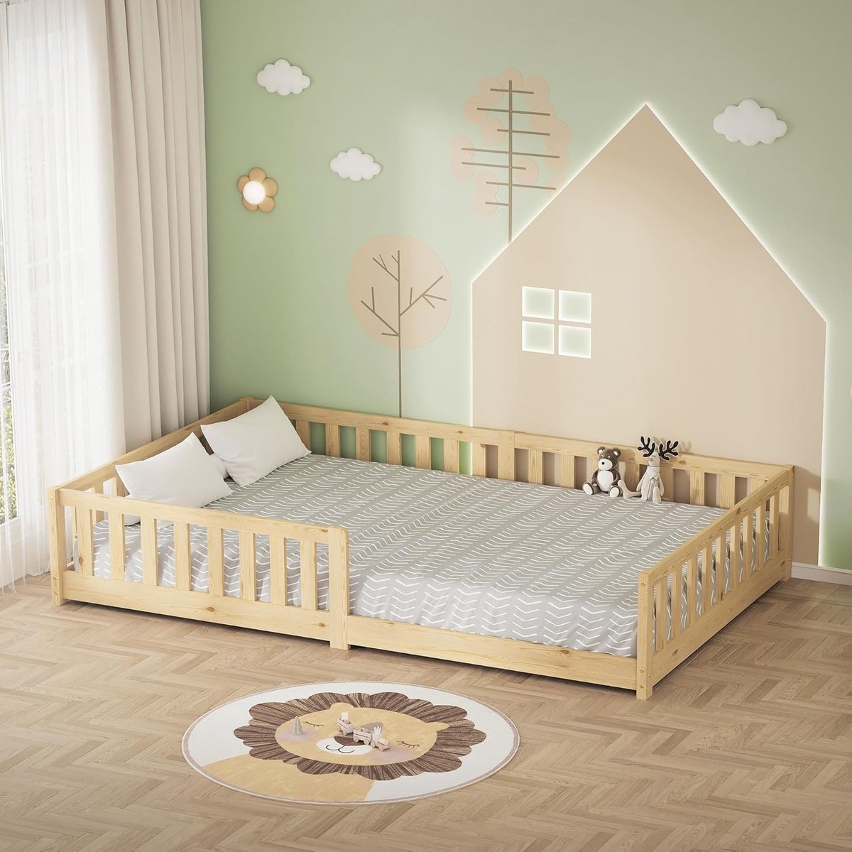 Kinderbed 120x200 cm naturel Vloerbed voor Kinderen met stevig Lattenbodem en Valbeveiliging Massief Grenenhouten Juniorbed Peuterbed Babybed Eenpersoons Bedframe voor Jongens en Meisjes