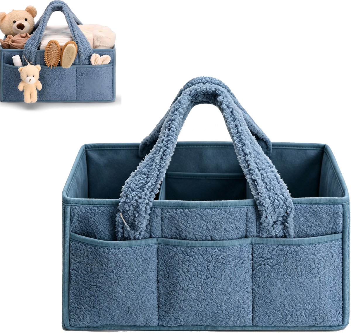 Luiermand - Babyopbergmand - Verzorgingsmand - Reismand - Zachte teddy stof comfortabele handvatten - Verstelbare binnenverdelers meerdere voorzakken - Teddy fleece - 38×25×18 cm - Geschikt voor babykamer kraamcadeau thuisopruiming - Blauw