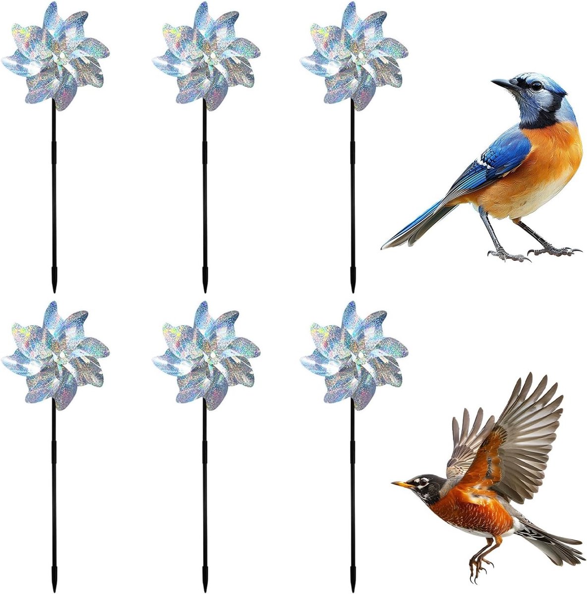 Set van 6 Reflecterende Vogel Windmolens voor Tuin en Boerderij - Schrikvogel met Glanzende Afwerking