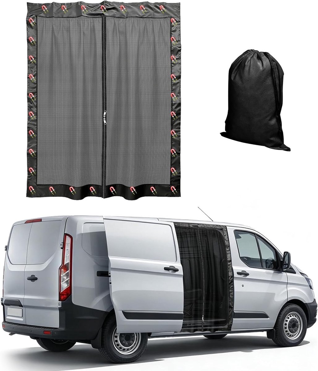 Insectenscherm voor bus, Vliegenscherm met magnetische sluiting, Zonwering en Muggennet voor achterdeuren, Zwart gaas met centrale rits, Ideaal voor Ford Transit Custom