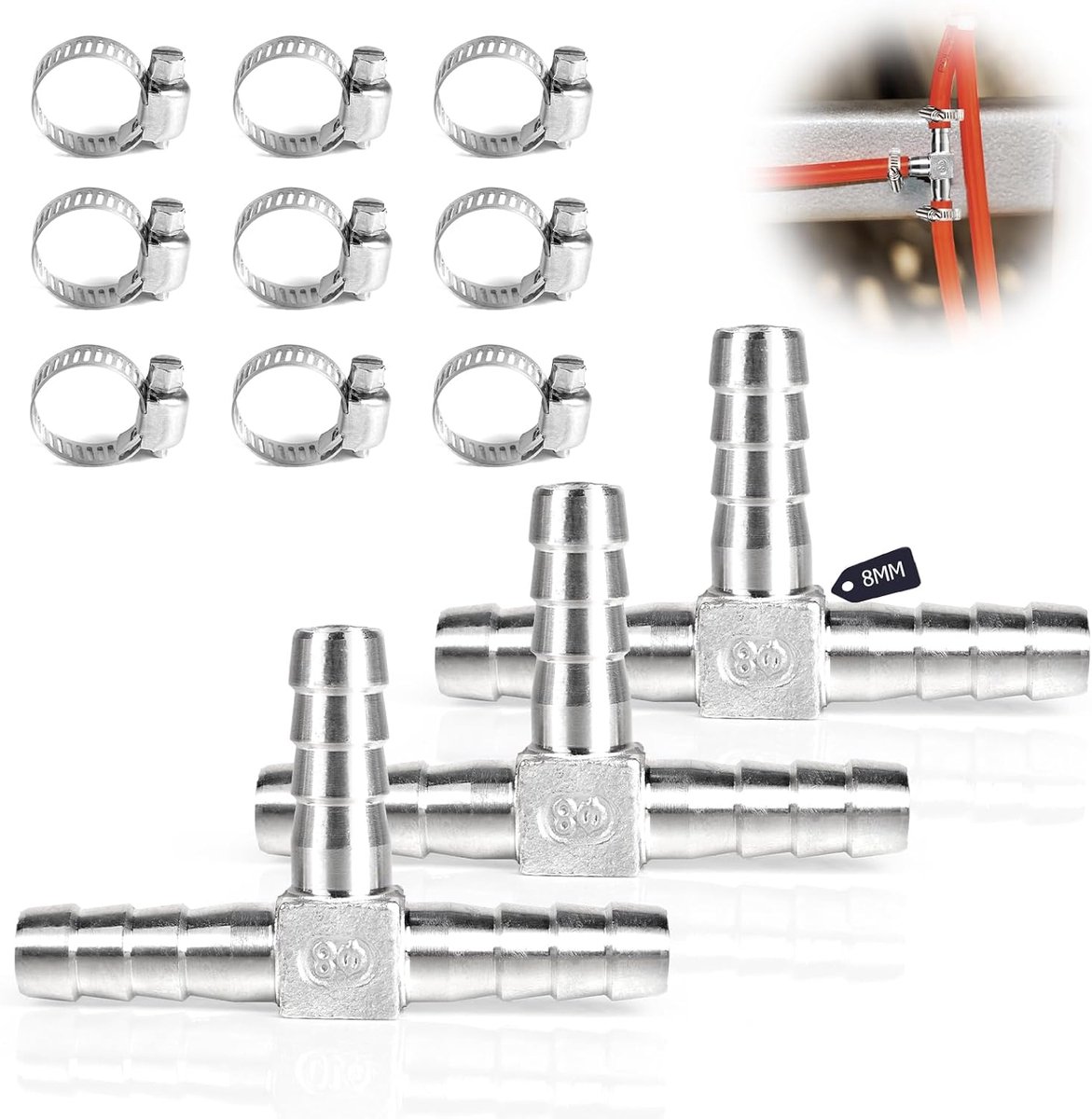 SnelShoppen - T-Spine Slang, 3-Weg T-Slang Connector RVS 304, Slang Schroefverbinding met Klemmen, Slang Schroefverbindingen, Adapter voor Lucht, Wate