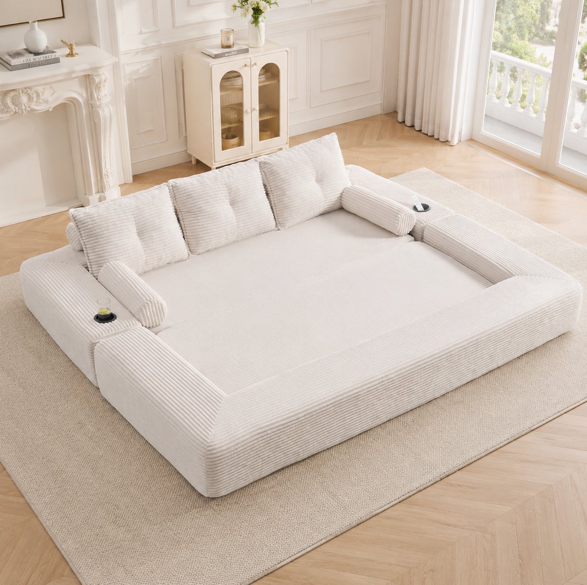 MIVRAY Slaapbank 3-Zits 232 Cm Opvouwbaar Met Slaapfunctie, Memory Foam Kussens, Bekerhouder En Zijvak - Beige Corduroy