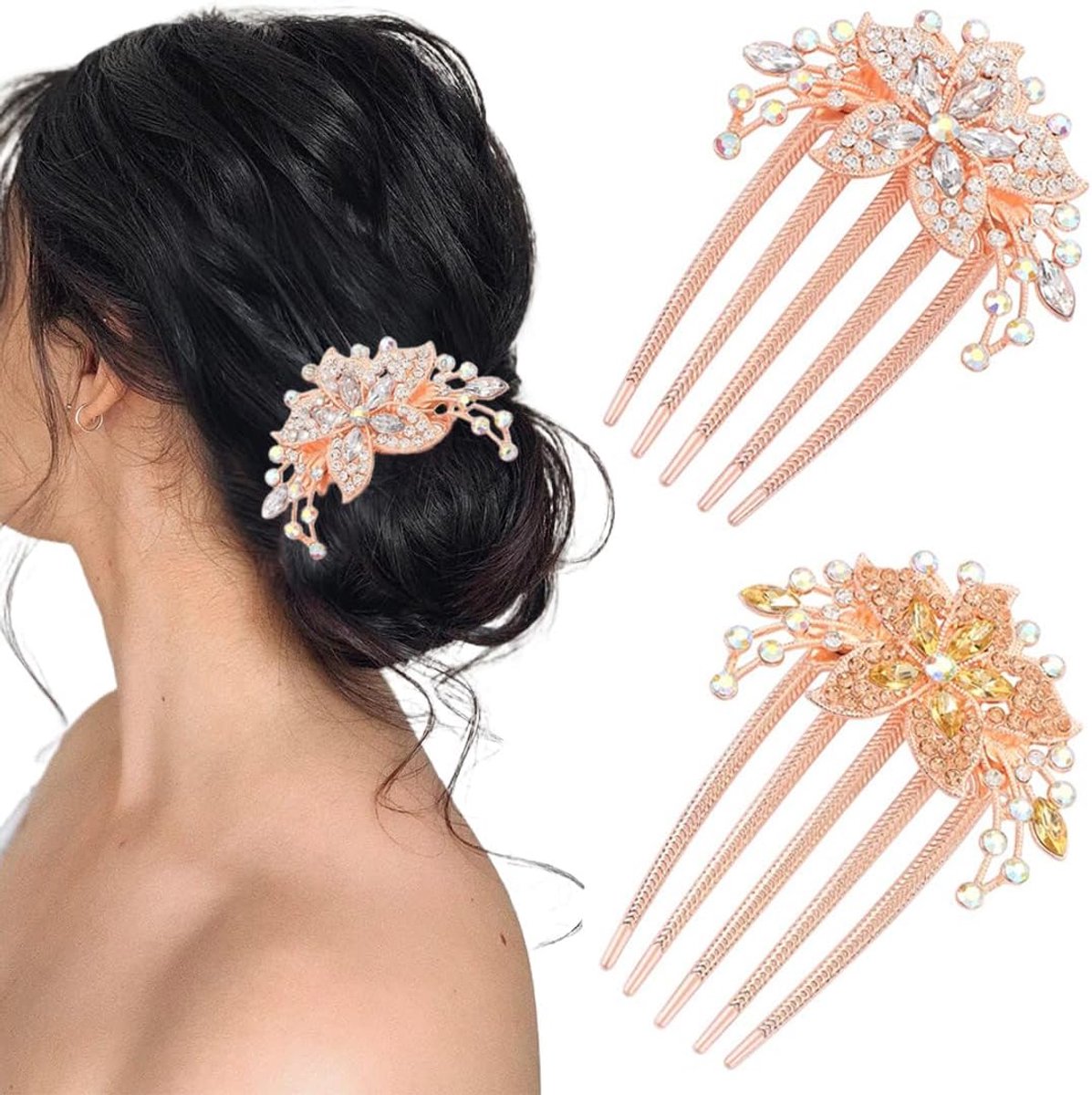 SnelShoppen - 2 Stuks Elegante Haarspelden voor Vrouwen - Haaraccessoires voor Bruid - Bloem Haarcombs met Rhinestones - Handgemaakt Haaraccessoires i