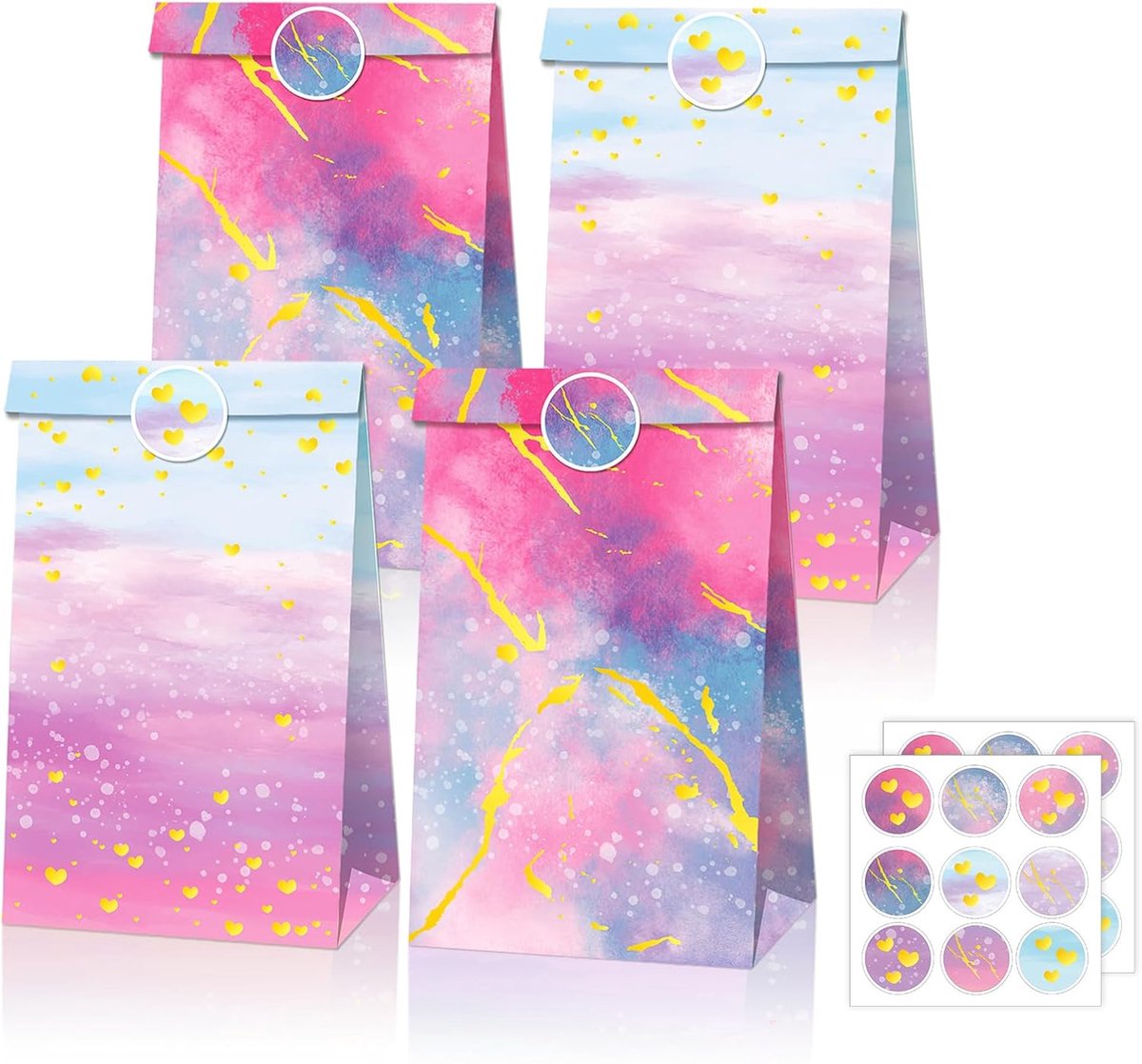 SnelShoppen - 12 Regenboog Cadeauzakjes voor Kinderverjaardagen met 18 Stickers - Papieren Snoepzakjes, Geschenkzakjes voor Feesten en Verpakkingen in