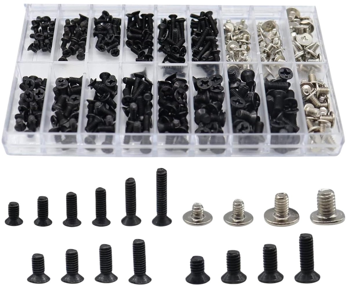 SnelShoppen - Assortiment Schroeven 360 Stuks M2 M2.5 M3 Zwarte Schroeven Set voor Laptop Computer Reparatie, 18 Maten, Roestvrij Staal