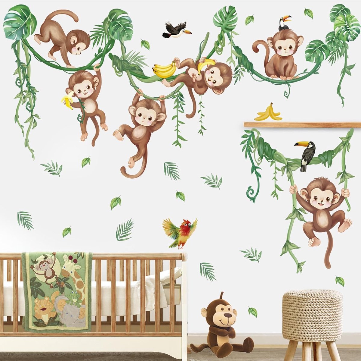 SnelShoppen - Jungle Muurstickers Apen Klimgrepen Wandstickers Dieren Tropische Bladeren Peel en Stick Muurdecoratie voor Kinderkamer Babykamer Woonka