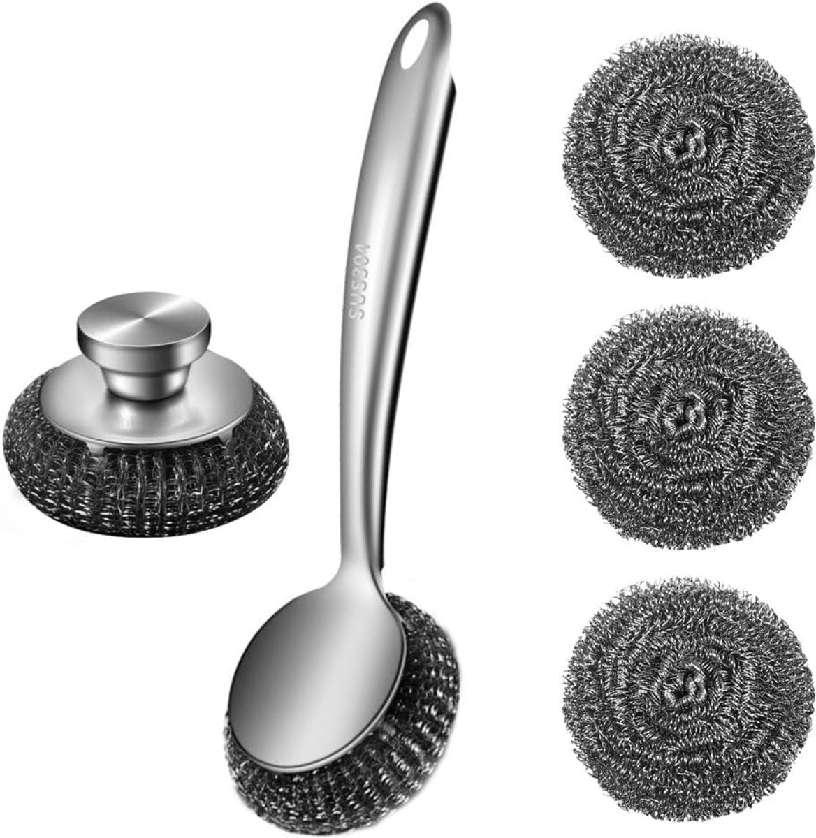 SnelShoppen - Rvs Schrobset 5 Stuks, Lange Handgreep Borstels, Staalwol Schuurpads voor Afwassen, Pannen, Potten, Keuken, Badkamer, Vaatwasserbestendi